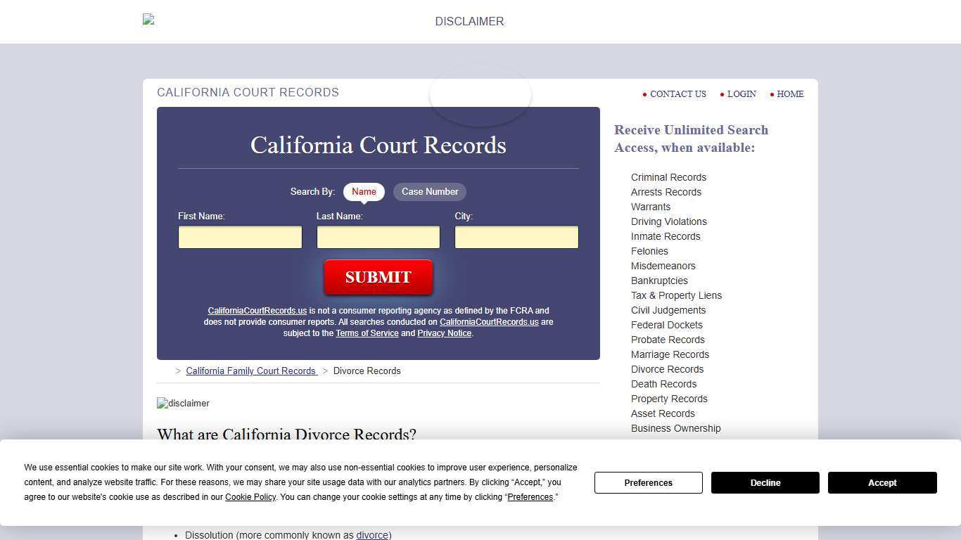 California Divorce Records Search CaliforniaCourtRecords.us